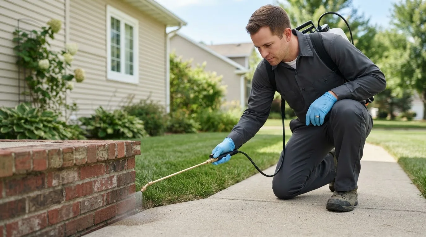Pest control technician treating a home near Delhi, CA